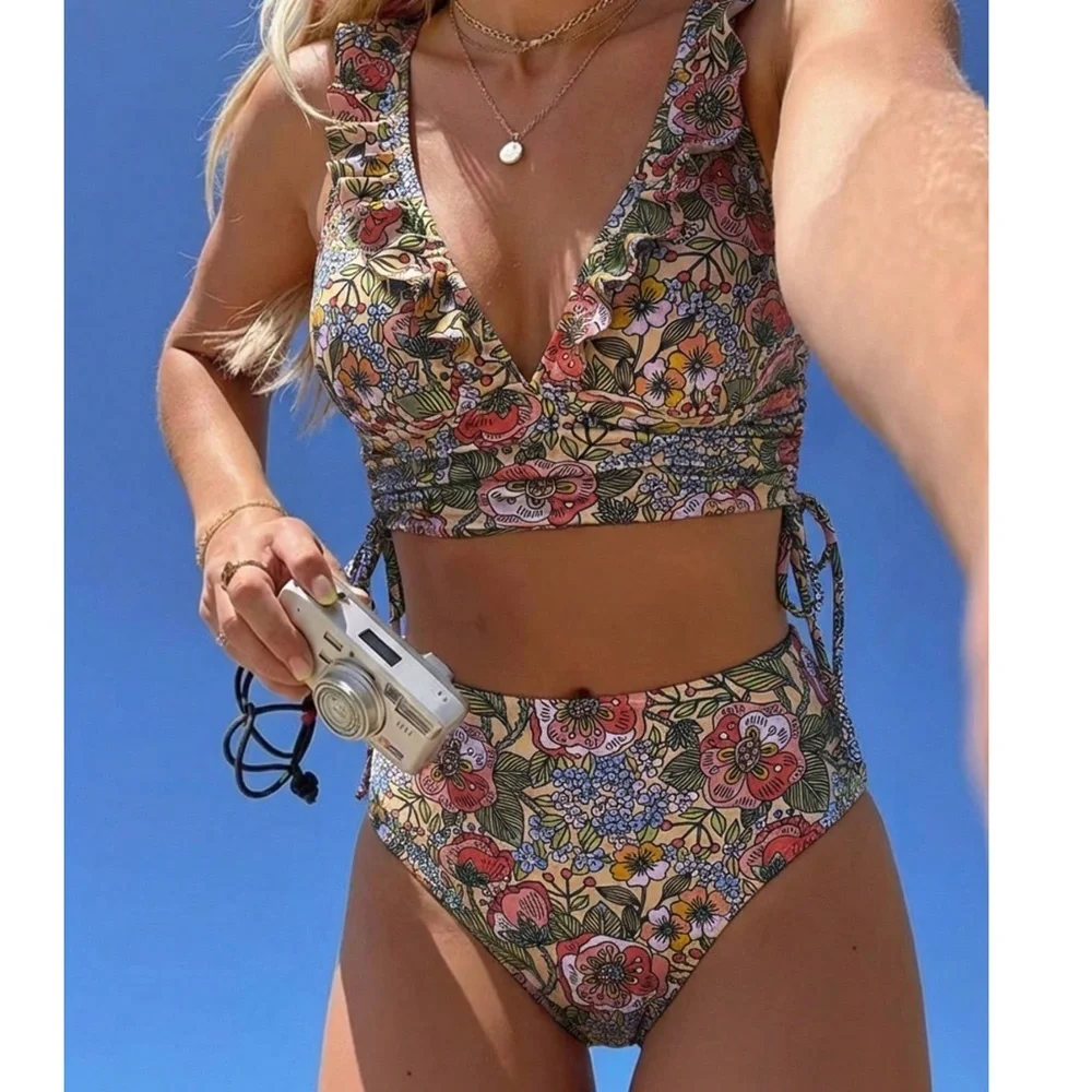 Boho Floral Print V neck Ruffle Detail High Waisted 2 piece Bikini set - Picture 4 of 4